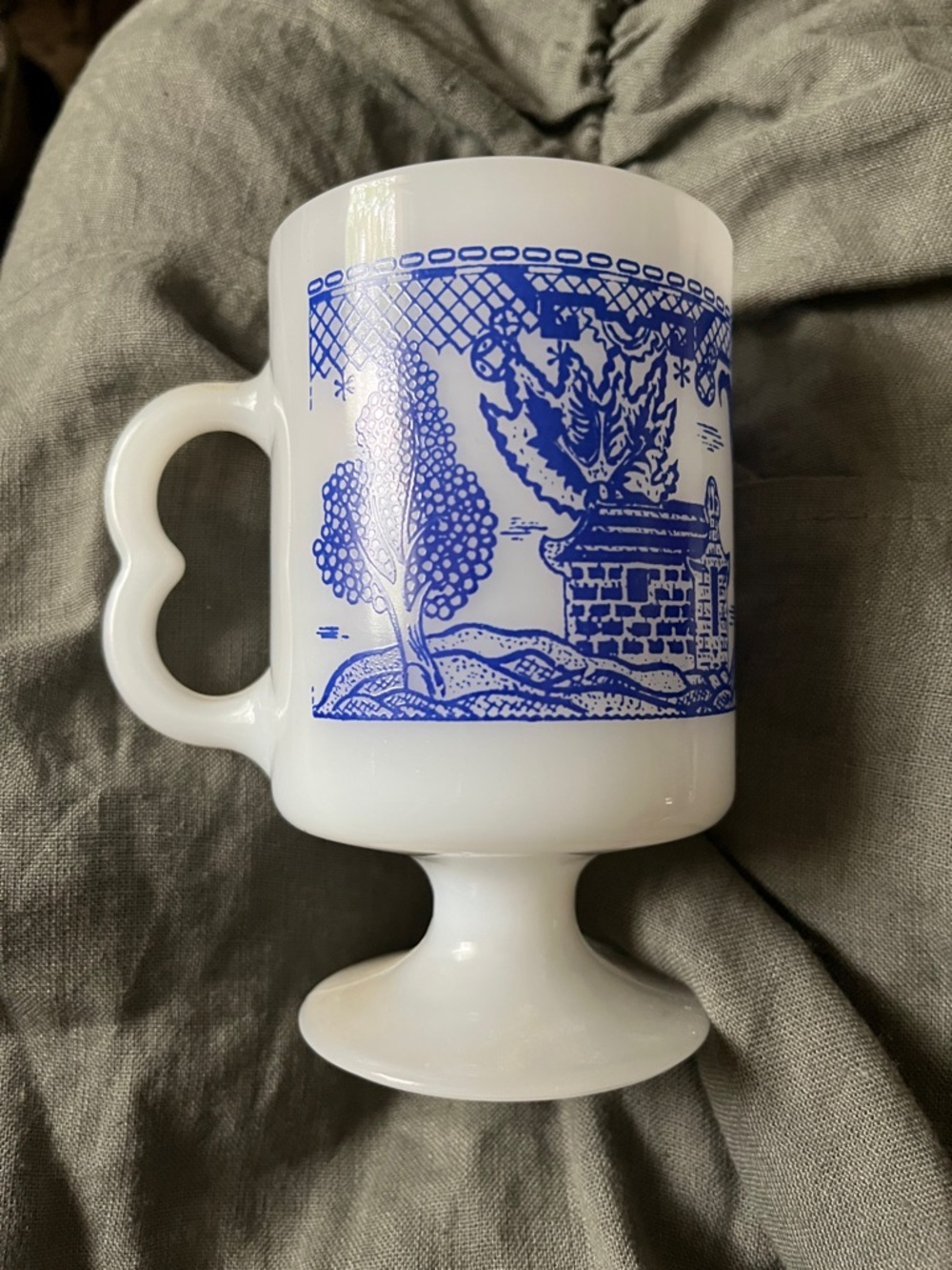 Anchor Hocking White Milk Glass Pedestal Mug with Blue Scenic Transfer